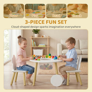 Qaba 3 Pieces Kids Table and Chair Set, Activity Table and Chair Set with Cloud-Shaped Chairs, Mesh Bag