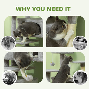 54" Cat Tree, Multi-Level Cat Tower with Scratching Posts, Cat Condos, Bed, Platforms, Ramp, Toy Ball, Beige – view 33