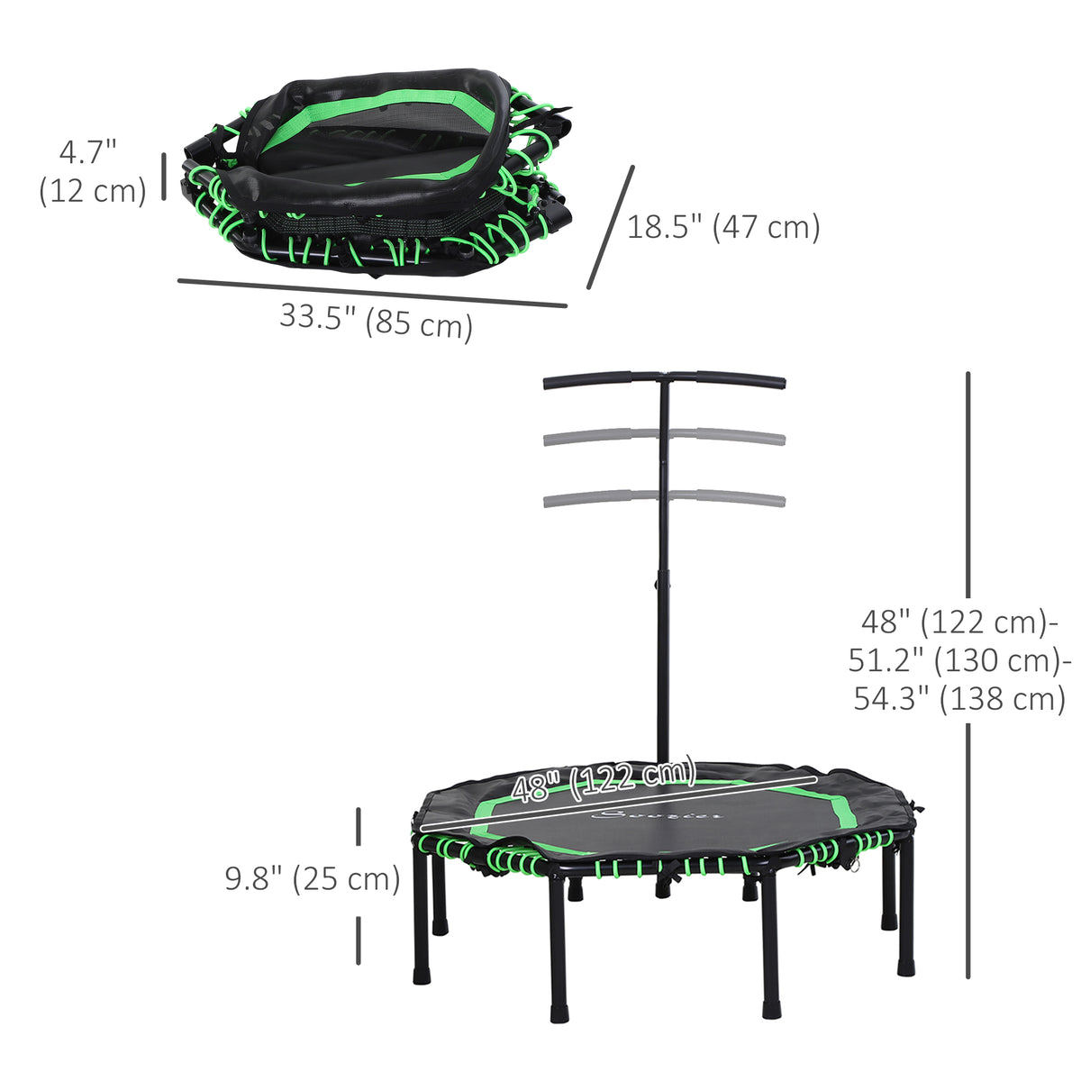 Soozier 48" Mini Trampoline, Foldable Trampoline with Adjustable Handle Bar for Adults Exercise, Workout, Fitness, Green
