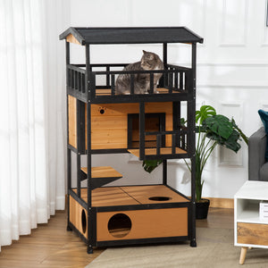 4-Floor Wood Outdoor Cat House Catio for Cats with Condo, Fun Entrances, Perch, Grey – view 14