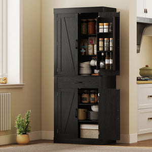 72" Kitchen Pantry Cabinet, Farmhouse Kitchen Storage Cabinet with 4 Barn Doors, 6 Door Shelves, Drawer – view 7