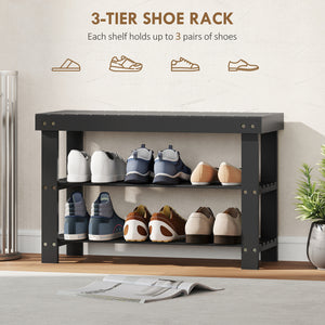 Bamboo Shoe Storage Bench, 3-Tier Entryway Bench with 2 Storage Shelves for Hallway, Holds 6 Pairs, Black – view 3
