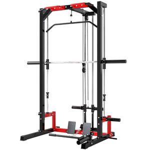 Soozier Smith Machine Power Rack with Pull Up Bar, Lat Pull Down System, Landmine, Squat Rack, Barbell Bar, for Home Gym