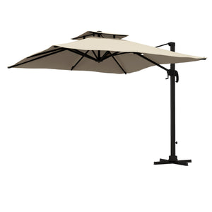 10ft Square Cantilever Patio Umbrella, 360° Rotating Overhanging Umbrella with Cross Base, Crank Handle, Khaki
