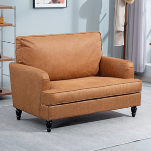 Modern Accent Chair, Leathaire Armchair with Turned Legs and Wide Seat, Comfy Chair for Living Room, Brown – view 7
