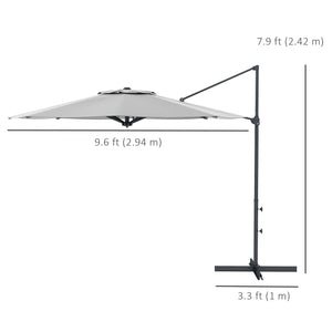 10 FT Cantilever Umbrella, Aluminum Hanging Offset Umbrella with 360°Rotation, Crank, Tilt, Cross Base, Grey
