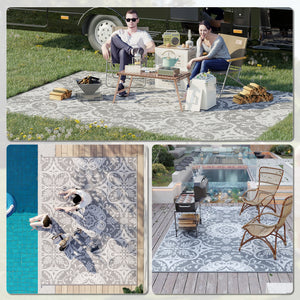 Portable Outdoor Rug with Carry Bag, 9' x 12' Reversible Mat, Waterproof Plastic Straw RV Rug for Backyard, Deck, Picnic, Beach, Camping, Blue & White Flower