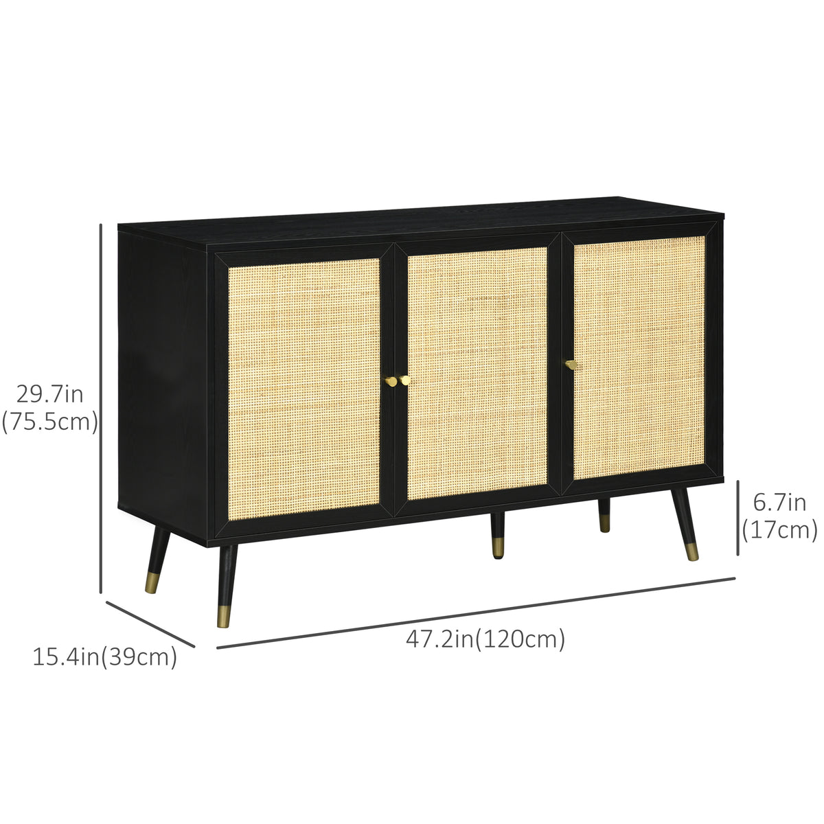 Kitchen Sideboard Cabinet, Boho Storage Cabinet with Shelves, Wood Legs, Decorative Rattan Doors, Black – view 2