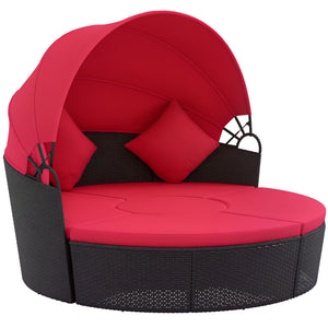 4-piece Round Sofa Bed, Outdoor Daybed with Retractable Canopy, PE Rattan Wicker Patio Lounge Chair