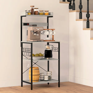 Kitchen Baker's Rack with Power Outlet, Coffee Bar Station with Adjustable Shelves and Hooks – view 7