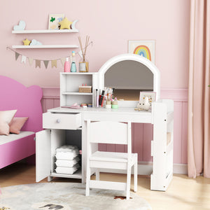 Qaba Kids Vanity Set, Toddler Dressing Table and Chair Set with Lighted Mirror, Cabinet, Drawer and Shelves