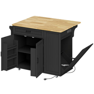 Kitchen Island Cart, Portable Kitchen Island Table with Charging Station, Rubber Wood Drop Leaf