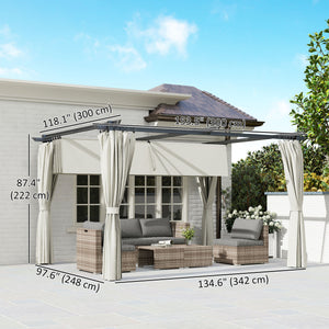 10' x 13' Pergola with Retractable Canopy and Curtains, UPF30+ Sun Shade Shelter for Grill, Garden, Backyard, Deck