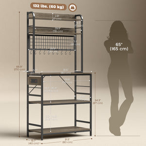 Kitchen Baker's Rack with Power Outlet and LED Light, 5-Tier Coffee Bar Station with 10 Hooks, Grey – view 2