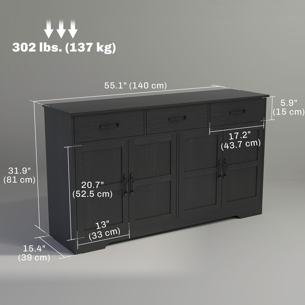 Sideboard Buffet Cabinet with Storage, Modern Coffee Bar Cabinet with 3 Drawers and Adjustable Shelves – view 2