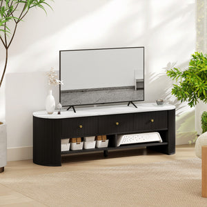 TV Stand, Modern TV Table with Marble-Effect Top, 3 Drawers and 2 Open Shelves for 32-65 Inch Television, Natural
