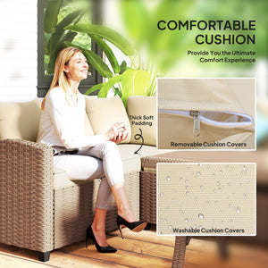 6 Pieces Patio Furniture Set, Outdoor Wicker Sofa Set, All Weather PE Rattan Conversation Furniture, with Strip Wood Grain Plastic Coffee Table & Cushions, Khaki
