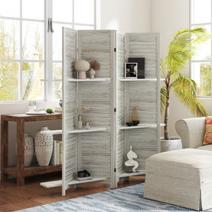 4-Panel Wall Partition Room Separator with 3 Storage Shelves Foldable Design Wooden Frame 5.6FT Distressed White