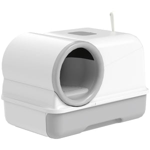 Cat Litter Box Easy Clean Drawer Odor Control Hooded Cat Litter Tray with Scoop White and Grey