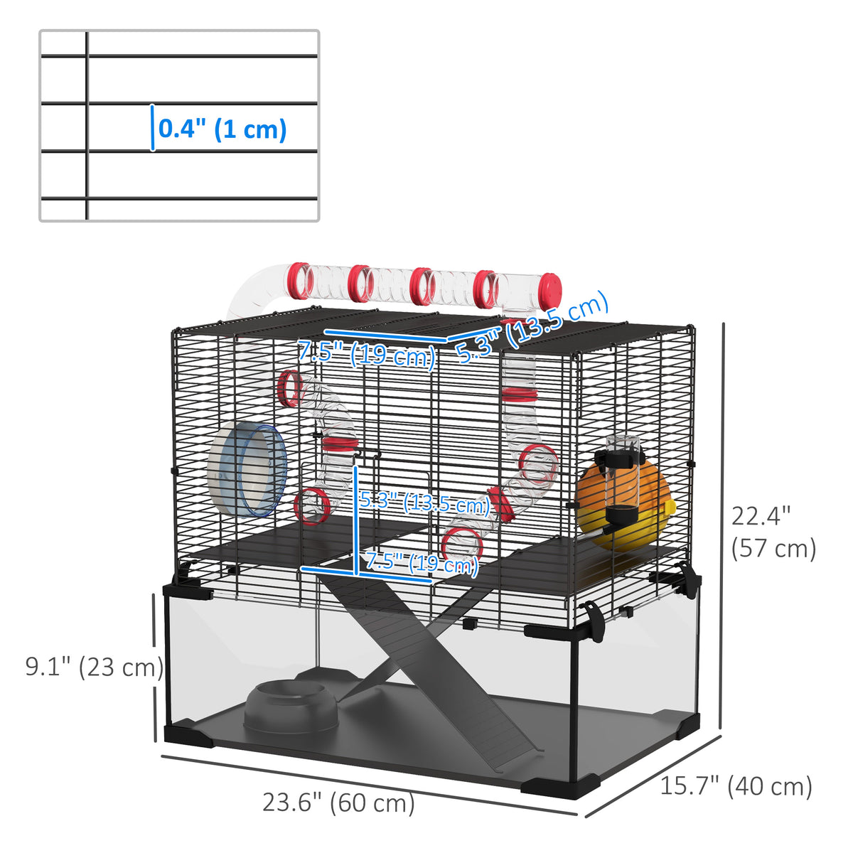 Hamster Cage with Deep Glass Bottom, Tunnel Tube System, Platforms, Hut, Exercise Wheel, Water Bottle, 24" x 16" x 22"