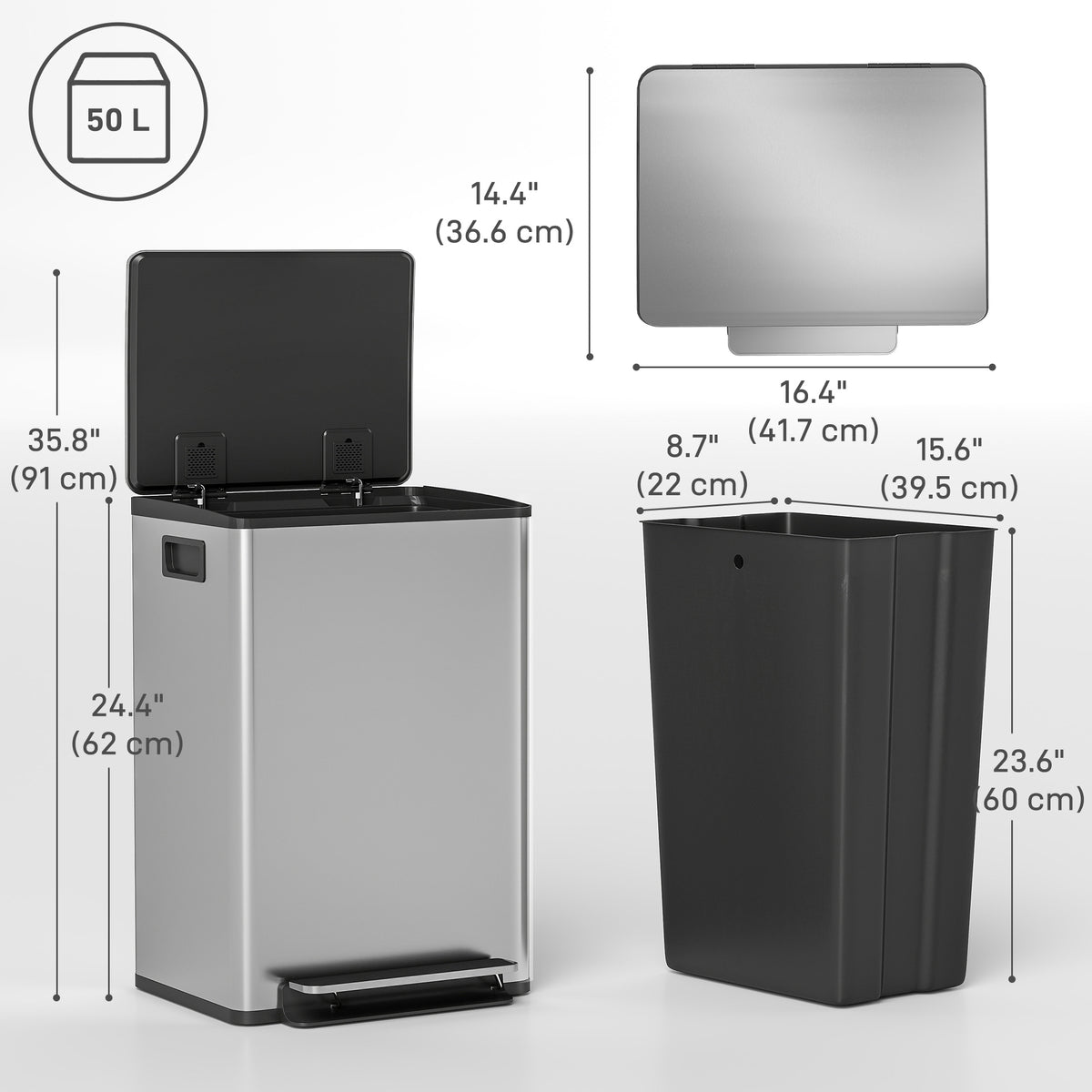 Trash Can with Soft-Close Lid, Garbage Can with Removable Inner Bucket for Kitchen 13.2 gal/50 L, Silver