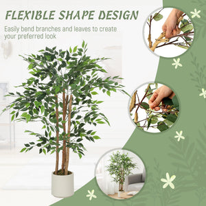 4FT Artificial Banyan Tree Set of 2, Fake Potted Tree with Solid Wood Trunk and Pot for Indoor