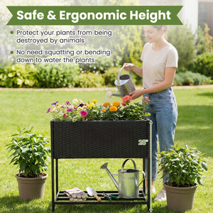 Elevated Garden Planter with Rattan Finish Bottom Shelf-Black view 9