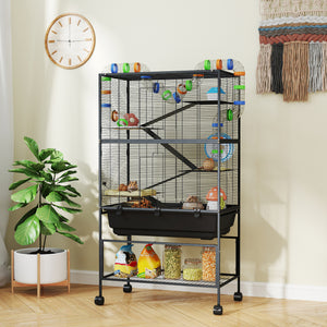 3 Tier Rolling Hamster Cage with 7" Deep Tray, Storage Shelf, Big Exercise Wheel, Tube System, for Syrian, Gerbil, Rat