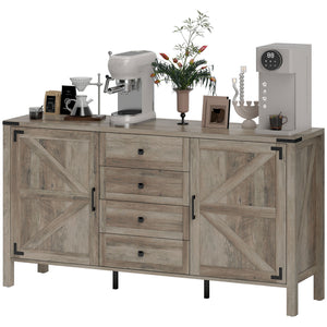 59" Buffet Cabinet, Farmhouse Sideboard with Thick Top, 2 Barn Doors, 4 Drawers and 2 Adjustable Shelves, Grey