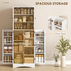 64" Tall Kitchen Pantry Cabinet, Kitchen Cabinet with Soft-Close Acrylic Doors, 10 Shelves, 8 Door Racks, White