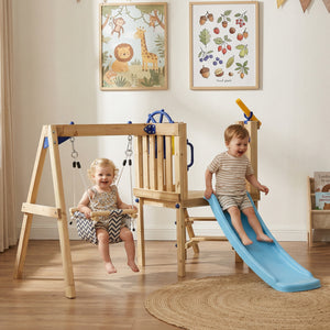 Wooden Kids Swing Set with Slide, Swing Seat, Captain's Wheel, Telescope, for Ages 18-48 Months, Natural