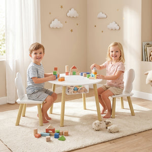 Qaba 3 Pieces Kids Table and Chair Set, Activity Table and Chair Set with Cloud-Shaped Chairs, Mesh Bag