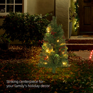 2ft 2 Pack Artificial Christmas Tree, Pre Lit Christmas Tree with Red Berries and Pine Cones, Battery Operated, Green