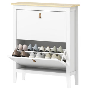 Narrow Shoe Cabinet with 2 Flip Drawers, Adjustable Shelves for Entryway, Holds 10-14 Pairs, White