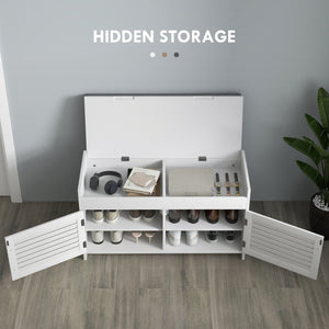 Entryway Bench with Cushion, Hidden Storage, Adjustable Shelves and Shutter Doors, 35.4" Shoe Bench, White