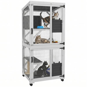 Catio Outdoor, Elevated Design, with Wheels, Resting Box, Water-Resistant, Multi Platforms, White & Grey