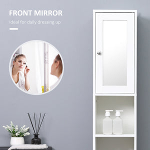 Tall Bathroom Storage Cabinet with Mirror, Freestanding Narrow Linen Tower Cabinet with Adjustable Shelves for Bathroom, White