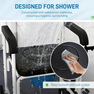 Rolling Shower Chair, Bedside Commode Chair with Wheels, Backrest, Arms, Flip Footrests for Seniors, Disabled, Black