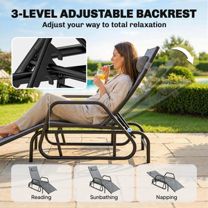 Outdoor Glider Lounge Chair, 3-Position Adjustable Tanning Chair Recliner with Headrest for Garden, Yard, Pool, Grey
