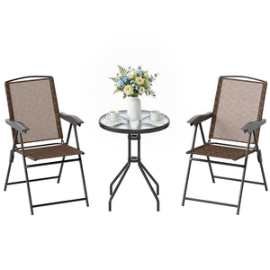 Folding Outdoor Bistro Set, Patio Table and Chairs with Reclining Backrest and Round Dining Table, Brown