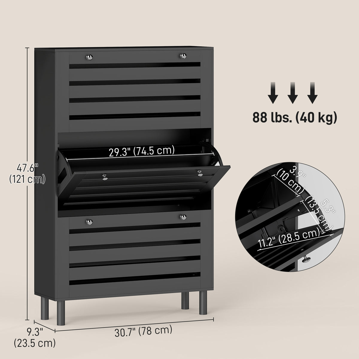 Narrow Shoe Storage Cabinet, 3 Flip Drawers, Adjustable Shelves, 18-24 Pairs Capacity, Black – view 2