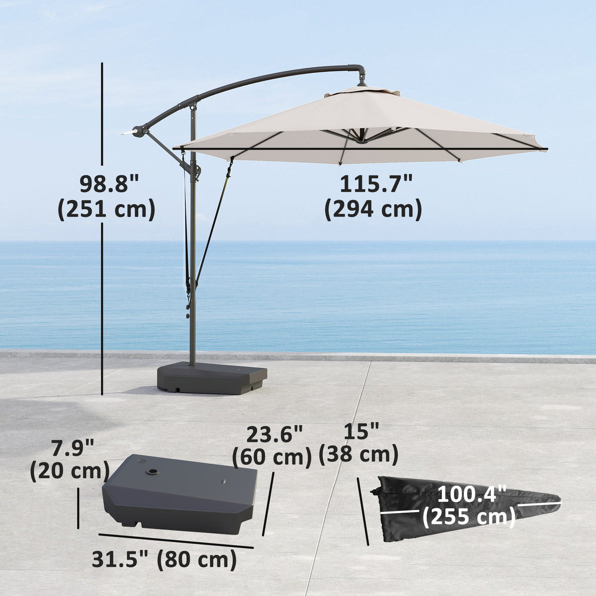10FT Cantilever Umbrella with Fillable Base, Wind Strap and Cover, Offset Hanging Umbrella with Crank, Cream White