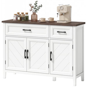 Sideboard Buffet Cabinet, 44" Farmhouse Kitchen Cabinet with 3 Chevron Doors, 2 Drawers and 2 Adjustable Shelves, White