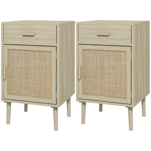 Boho Bedside Tables Set of 2, Nightstands with Drawer, Rattan Cabinet, Adjustable Shelf for Bedroom