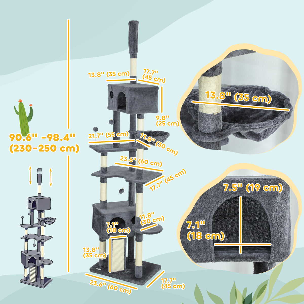 91"-98" Floor to Ceiling Cat Tree with 2 Condos, Hammock and Sisal Scratching Posts, for Indoor, Dark Grey