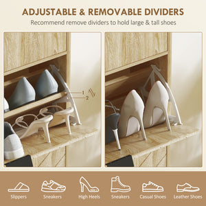 Narrow Shoe Storage Cabinet with Flip Drawers, Shoe Cabinet with Adjustable Shelves, Sliding Drawer, Holds 8 Pairs, Oak