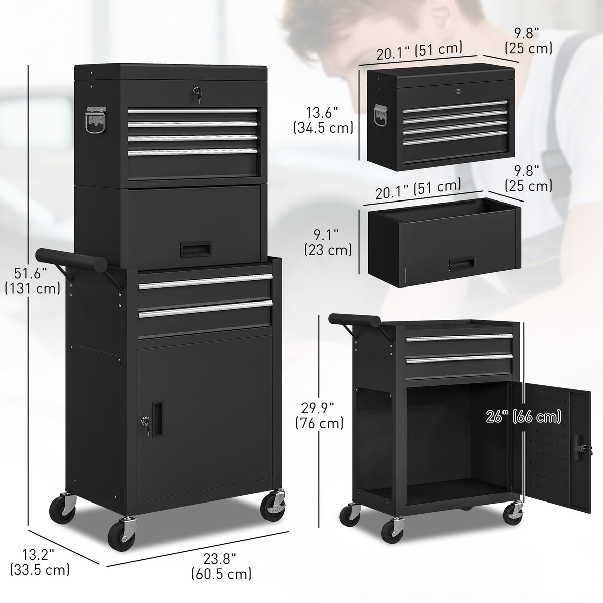 Large Tool Cabinet, 3-in-1 Rolling Tool Chest, Detachable Tool Storage Organizer with 6 Drawers and – view 2