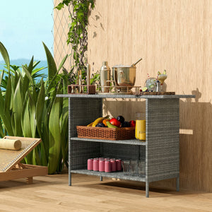 Wicker Outdoor Bar Table, PE Rattan Bar Height Patio Table with 2 Shelves, Steel Frame for Garden, Backyard, Dark Grey