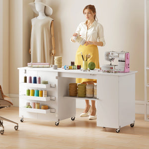 Sewing Machine Table with Drop Leaf, Folding Craft Table with 2 Doors and Adjustable Shelf for Small Spaces, Brown