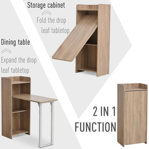 2 In 1 Folding Table, Drop Leaf Table, Space Saving Dining Table with 4-Tier Shelf for Small Spaces, Oak